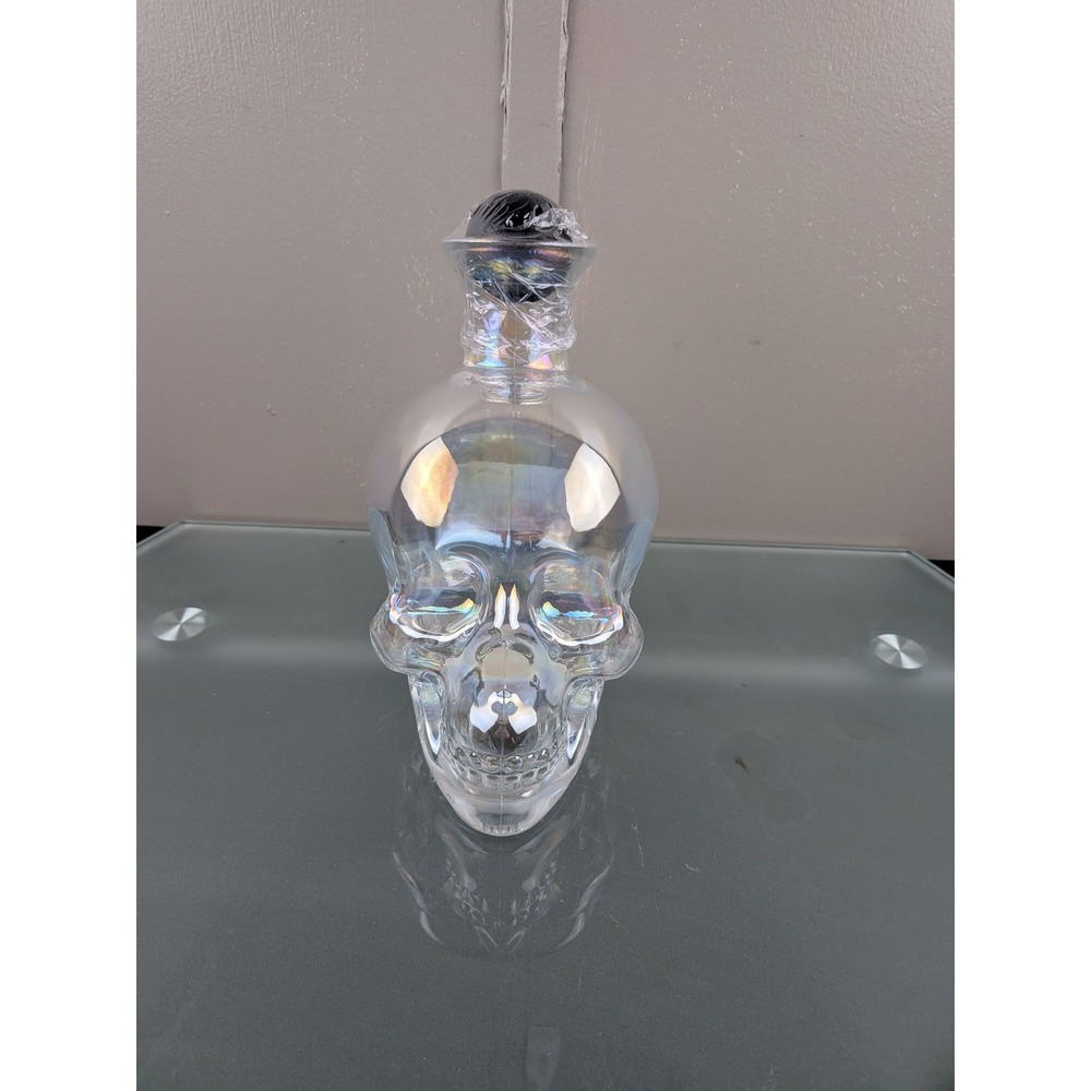 Iridescent Glass Skull Decor with Black Skull Stopper Holographic Barware